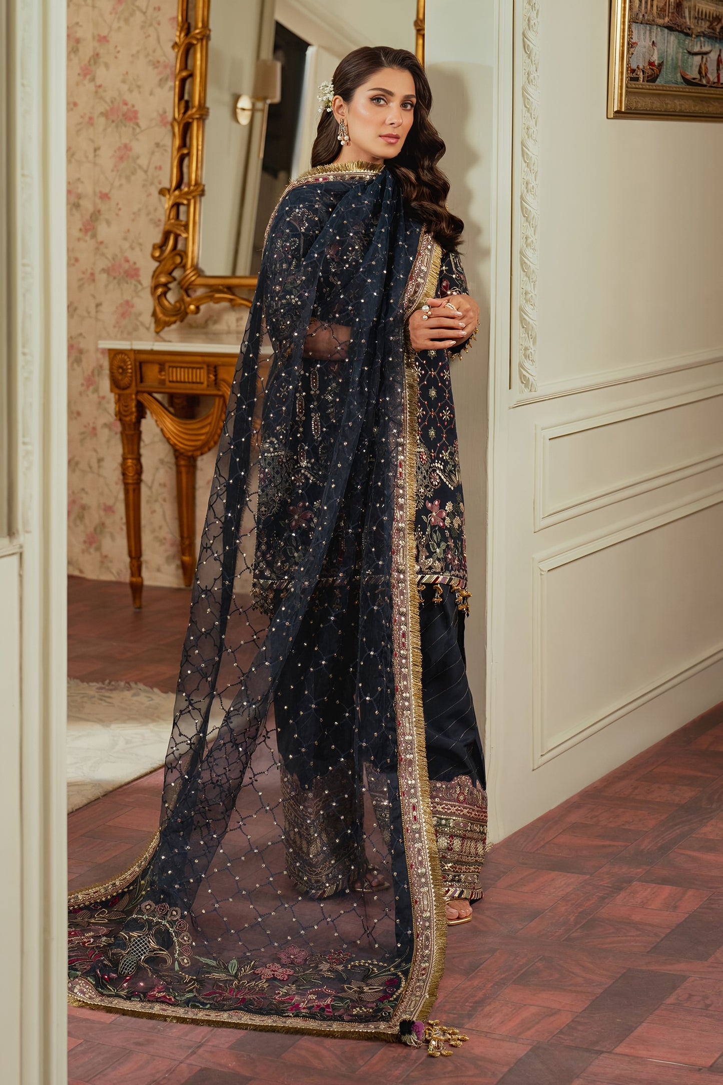 Barouq Chanttel Raw Silk Embroidered Spengle Work Suit – Heavy Embroidered Organza Dupatta & Raw Silk Trouser