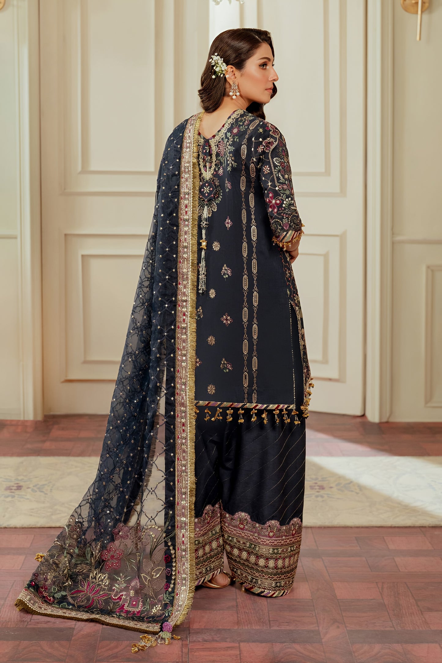 Barouq Chanttel Raw Silk Embroidered Spengle Work Suit – Heavy Embroidered Organza Dupatta & Raw Silk Trouser