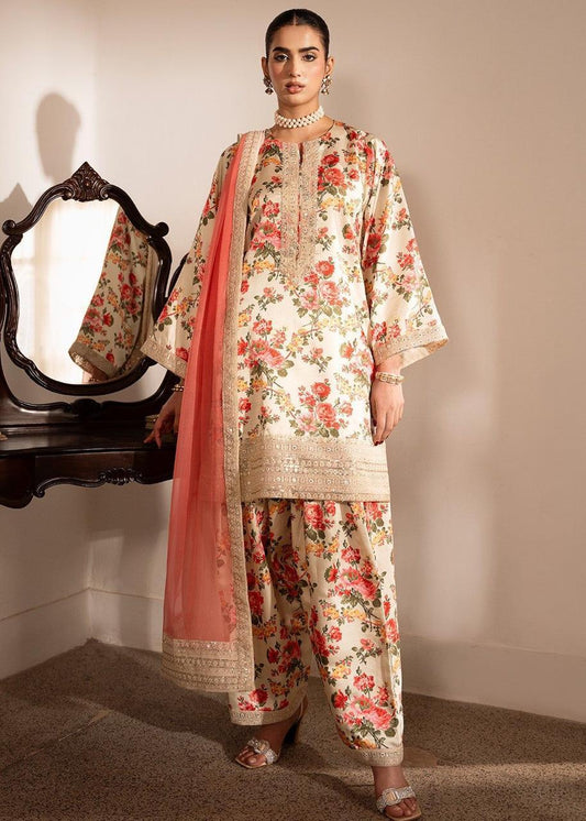 Shenora Unstitched 3 Piece Shamoze Silk Suit – Heavy Embroidered Chiffon Dupatta & Printed Trouser