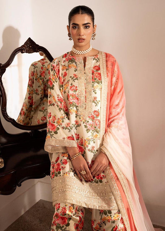 Shenora Unstitched 3 Piece Shamoze Silk Suit – Heavy Embroidered Chiffon Dupatta & Printed Trouser