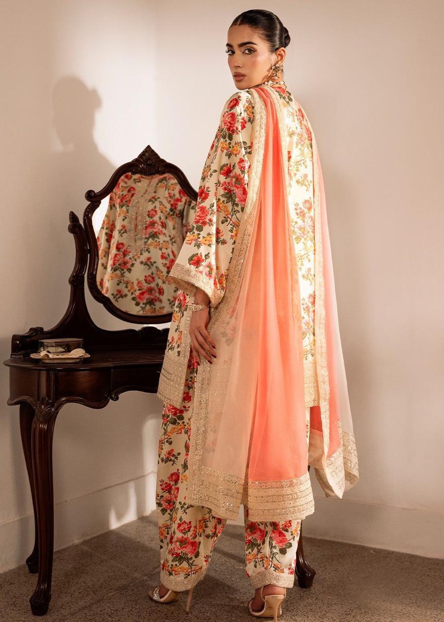 Shenora Unstitched 3 Piece Shamoze Silk Suit – Heavy Embroidered Chiffon Dupatta & Printed Trouser