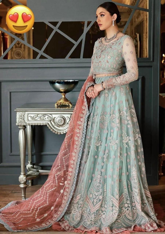 Eman Adeel Mirha Bridal Collection – Heavy Embroidered Net Frock with Handwork & Satin Silk Trouser