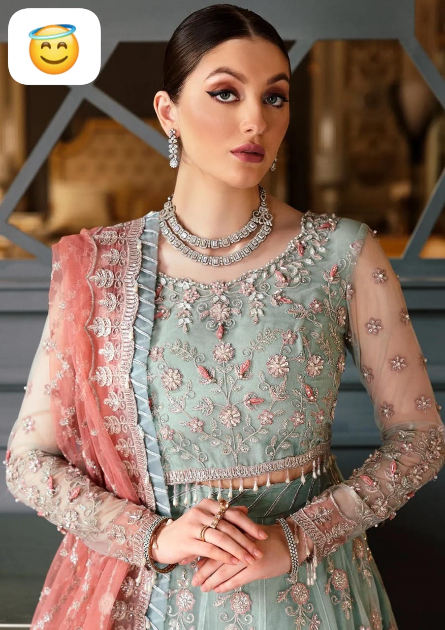 Eman Adeel Mirha Bridal Collection – Heavy Embroidered Net Frock with Handwork & Satin Silk Trouser