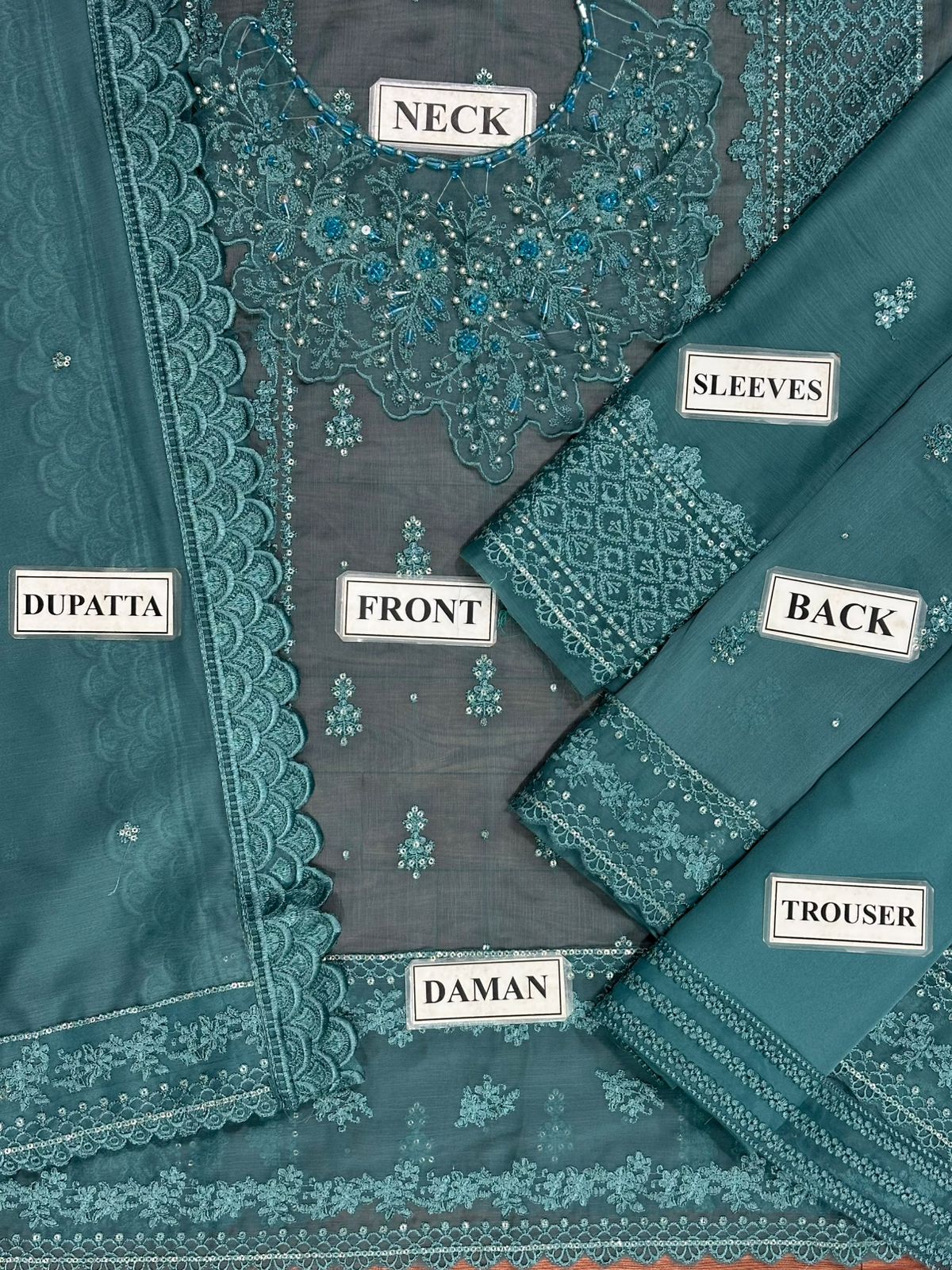 Azure Unstitched Replica Chiffon Suit – Sequence Embroidered Dress with Malai Trouser